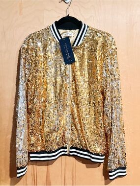 Anna-Kaci Gold Sequin Bomber Jacket with Striped Trim